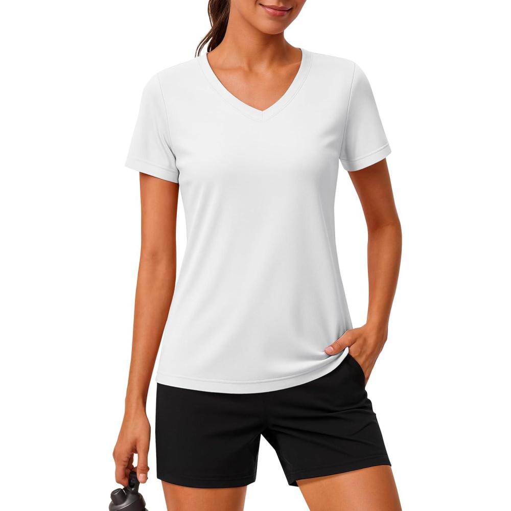 imageMAGCOMSEN Workout Tops for Women UPF 80 VNeck Short Sleeve Tee Shirt Quick Dry T Shirts Gym Athletic Yoga TopWhite