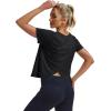 imageMAGCOMSEN Womens Workout Tops Short Sleeve Athletic Shirts Crop Split Back Tops Gym Running Quick Dry Loose FitBlack