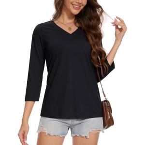 imageMAGCOMSEN 34 Sleeve T Shirts for Women V Neck Tshirts Cotton UPF50 Summer Tops Casual TShirts Basic Tees 2025Black