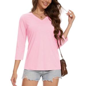 imageMAGCOMSEN 34 Sleeve T Shirts for Women V Neck Tshirts Cotton UPF50 Summer Tops Casual TShirts Basic Tees 2025Lightpink