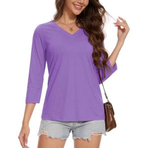 imageMAGCOMSEN 34 Sleeve T Shirts for Women V Neck Tshirts Cotton UPF50 Summer Tops Casual TShirts Basic Tees 2025Ltpurple