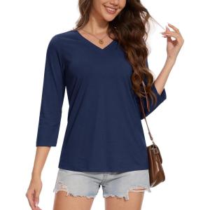 imageMAGCOMSEN 34 Sleeve T Shirts for Women V Neck Tshirts Cotton UPF50 Summer Tops Casual TShirts Basic Tees 2025Navy