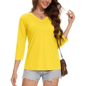 imageMAGCOMSEN 34 Sleeve T Shirts for Women V Neck Tshirts Cotton UPF50 Summer Tops Casual TShirts Basic Tees 2025Yellow