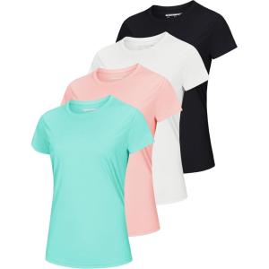 imageMAGCOMSEN 4 Pack Womens Short Sleeve Workout TShirts UPF 50 Moisture Wicking Rash Guard Dry Fit Athletic Running TopsBlack  White  Lake Blue  Light Pink
