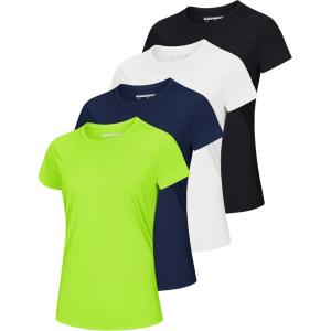 imageMAGCOMSEN 4 Pack Womens Short Sleeve Workout TShirts UPF 50 Moisture Wicking Rash Guard Dry Fit Athletic Running TopsBlack  White  Navy  Fluorescent Green