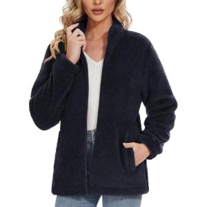 imageMAGCOMSEN Fleece Jackets for Women Black Sherpa Full Zip Winter Jacket Warm Fuzzy Teddy Outfits with zip pockets2XL