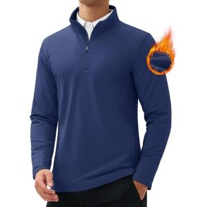 imageMAGCOMSEN Quarter Zip Pullover Men 14 Zip Golf Jacket Fleece Lined Water Resistant Sweatshirt 2 Zipper Pockets WinterNavy