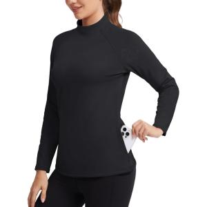 imageMAGCOMSEN Thermal Shirts for Women Mock Turtneck Long Sleeve Tops Fleece Pullover Workout Running Winter Base LayerBlack