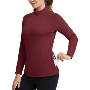 imageMAGCOMSEN Thermal Shirts for Women Mock Turtneck Long Sleeve Tops Fleece Pullover Workout Running Winter Base LayerBurgundy