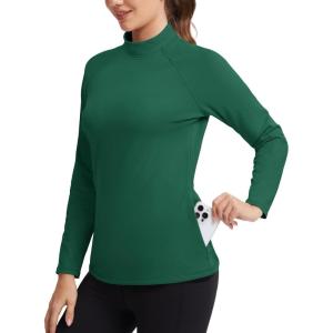 imageMAGCOMSEN Thermal Shirts for Women Mock Turtneck Long Sleeve Tops Fleece Pullover Workout Running Winter Base LayerE Green