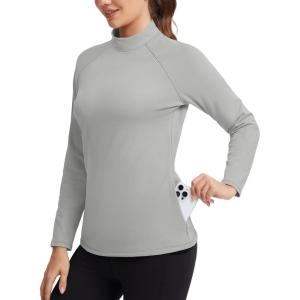 imageMAGCOMSEN Thermal Shirts for Women Mock Turtneck Long Sleeve Tops Fleece Pullover Workout Running Winter Base LayerLightgrey