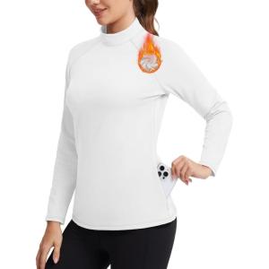 imageMAGCOMSEN Thermal Shirts for Women Mock Turtneck Long Sleeve Tops Fleece Pullover Workout Running Winter Base LayerWhite