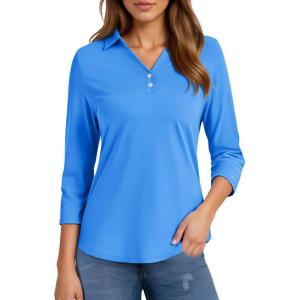 imageMAGCOMSEN Womens 34 Long Sleeve Polo Shirts Collared V Neck Golf Shirts UPF 50 Quick Dry Casual Work TopsAzure