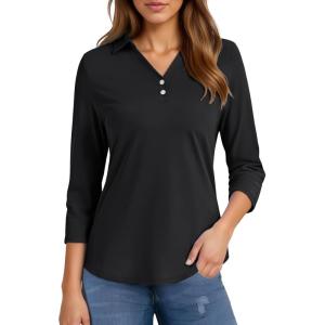 imageMAGCOMSEN Womens 34 Long Sleeve Polo Shirts Collared V Neck Golf Shirts UPF 50 Quick Dry Casual Work TopsBlack