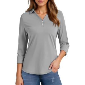 imageMAGCOMSEN Womens 34 Long Sleeve Polo Shirts Collared V Neck Golf Shirts UPF 50 Quick Dry Casual Work TopsLightgrey