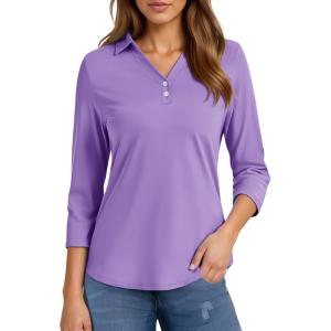 imageMAGCOMSEN Womens 34 Long Sleeve Polo Shirts Collared V Neck Golf Shirts UPF 50 Quick Dry Casual Work TopsLtpurple