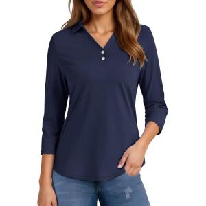 imageMAGCOMSEN Womens 34 Long Sleeve Polo Shirts Collared V Neck Golf Shirts UPF 50 Quick Dry Casual Work TopsNavyblue