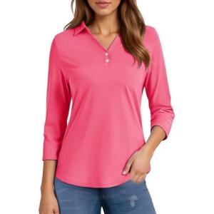 imageMAGCOMSEN Womens 34 Long Sleeve Polo Shirts Collared V Neck Golf Shirts UPF 50 Quick Dry Casual Work TopsRosered