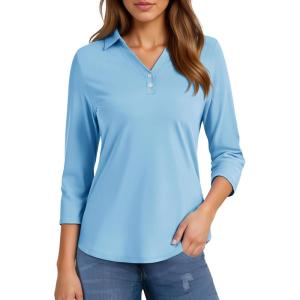 imageMAGCOMSEN Womens 34 Long Sleeve Polo Shirts Collared V Neck Golf Shirts UPF 50 Quick Dry Casual Work TopsSkyblue
