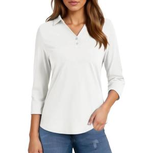 imageMAGCOMSEN Womens 34 Long Sleeve Polo Shirts Collared V Neck Golf Shirts UPF 50 Quick Dry Casual Work TopsWhite