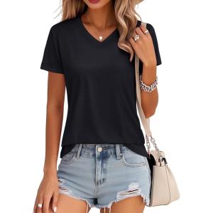 imageMAGCOMSEN Womens Cotton T Shirt VNeck Short Sleeve Shirt ClassicFit Casual Breathable Tee Summer Basic TopsAblack