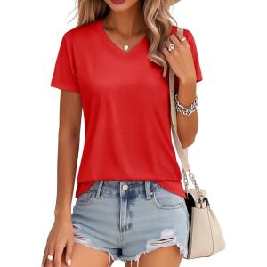 imageMAGCOMSEN Womens Cotton T Shirt VNeck Short Sleeve Shirt ClassicFit Casual Breathable Tee Summer Basic TopsAtomato Red