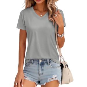 imageMAGCOMSEN Womens Cotton T Shirt VNeck Short Sleeve Shirt ClassicFit Casual Breathable Tee Summer Basic TopsLight Gray