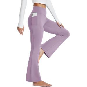 imageMAGCOMSEN Womens Flare Yoga Leggings High Waisted Bootcut Pants with Pockets Tummy Control Work Dress Bell Bottom PantsLight Purple