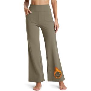 imageMAGCOMSEN Womens Fleece Lined Pants Waterproof High Waist Wide Leg Yoga Work Pants Warm Winter Sweatpants with PocketsCoffee Grey