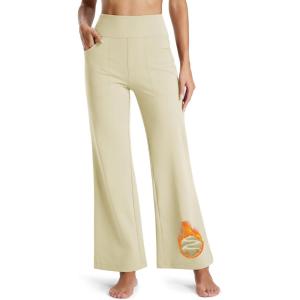 imageMAGCOMSEN Womens Fleece Lined Pants Waterproof High Waist Wide Leg Yoga Work Pants Warm Winter Sweatpants with PocketsLight Apricot