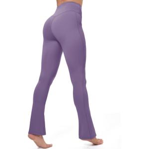 imageMAGCOMSEN Womens High Waisted Flare Leggings Tummy Control Yoga Pants with Pockets Mini Flared Bootcut Workout CasualDark Purple