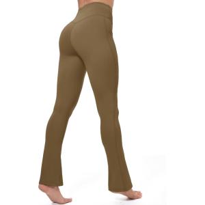 imageMAGCOMSEN Womens High Waisted Flare Leggings Tummy Control Yoga Pants with Pockets Mini Flared Bootcut Workout CasualLight Coffee