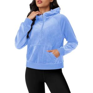 imageMAGCOMSEN Womens Hoodies HalfZip Cropped Velour Sweatshirts Long Sleeve Fleece Pullover with Pocket Casual OutfitsLight Blue