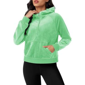 imageMAGCOMSEN Womens Hoodies HalfZip Cropped Velour Sweatshirts Long Sleeve Fleece Pullover with Pocket Casual OutfitsMint Green
