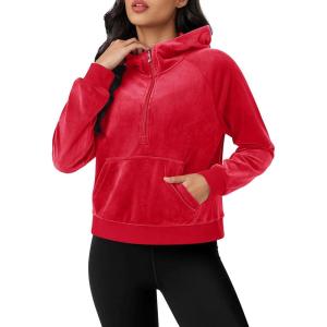 imageMAGCOMSEN Womens Hoodies HalfZip Cropped Velour Sweatshirts Long Sleeve Fleece Pullover with Pocket Casual OutfitsTomato Red