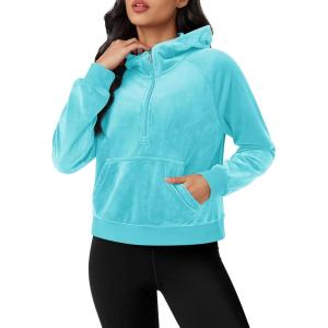 imageMAGCOMSEN Womens Hoodies HalfZip Cropped Velour Sweatshirts Long Sleeve Fleece Pullover with Pocket Casual OutfitsWater Blue