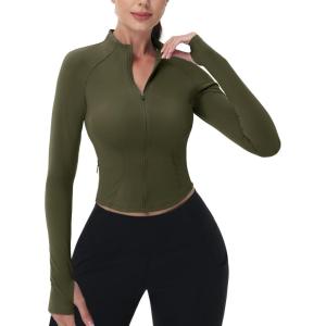 imageMAGCOMSEN Womens Lightweight Athletic Jacket Cropped Zip Up Workout Jackets Long Sleeve Yoga Tops Slim Fit Running GymArmy Green
