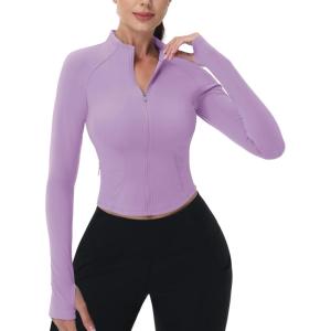 imageMAGCOMSEN Womens Lightweight Athletic Jacket Cropped Zip Up Workout Jackets Long Sleeve Yoga Tops Slim Fit Running GymLight Purple