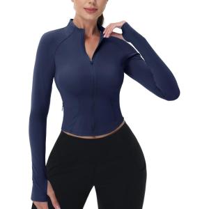 imageMAGCOMSEN Womens Lightweight Athletic Jacket Cropped Zip Up Workout Jackets Long Sleeve Yoga Tops Slim Fit Running GymNavy