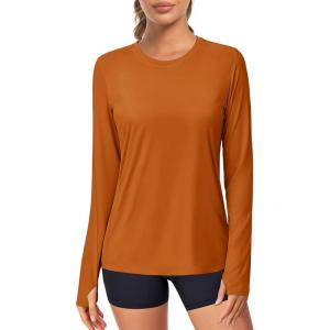 imageMAGCOMSEN Womens Long Sleeve Shirts UPF 80 Quick Dry Athletic Workout Tee Shirts with Thumb Holes Rash Guard Swim TopsDark Orange