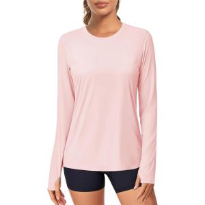 imageMAGCOMSEN Womens Long Sleeve Shirts UPF 80 Quick Dry Athletic Workout Tee Shirts with Thumb Holes Rash Guard Swim TopsLightpink