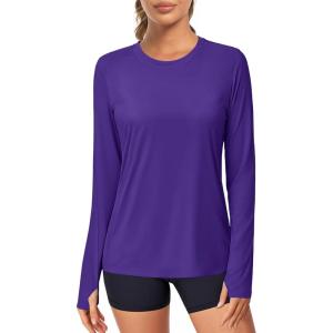 imageMAGCOMSEN Womens Long Sleeve Shirts UPF 80 Quick Dry Athletic Workout Tee Shirts with Thumb Holes Rash Guard Swim TopsPurple