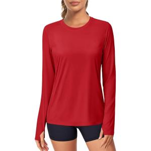 imageMAGCOMSEN Womens Long Sleeve Shirts UPF 80 Quick Dry Athletic Workout Tee Shirts with Thumb Holes Rash Guard Swim TopsRed