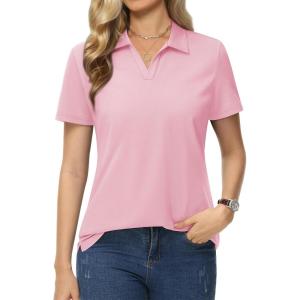 imageMAGCOMSEN Womens Polo Shirts Cotton Short Sleeve VNeck Collared Tops Golf Shirt Work Casual Summer Tee Light Pink