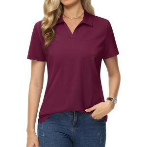 imageMAGCOMSEN Womens Polo Shirts Cotton Short Sleeve VNeck Collared Tops Golf Shirt Work Casual Summer TeeBurgundy
