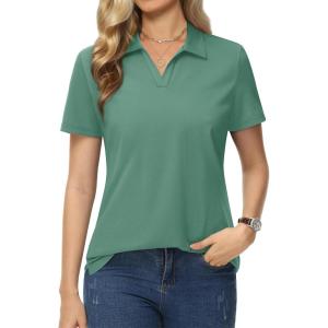 imageMAGCOMSEN Womens Polo Shirts Cotton Short Sleeve VNeck Collared Tops Golf Shirt Work Casual Summer TeeFerngreen