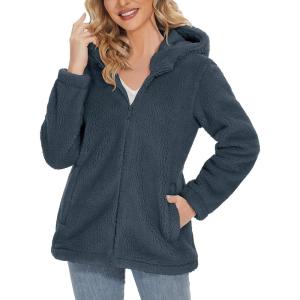 imageMAGCOMSEN Womens Sherpa Jacket Zip Up Hoodie Fuzzy Teddy Coat with Zipper Pockets Lightweight Fleece Lined Warm Winter CoatDark Grey