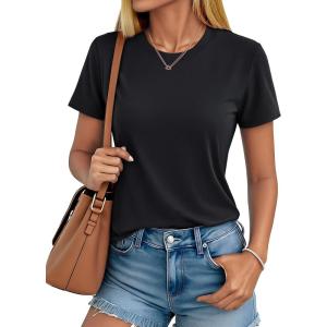 imageMAGCOMSEN Womens Short Sleeve T Shirts Cotton Summer UPF 50 Crew Neck Casual Tops Trendy Solid Color Basic TeesBlack
