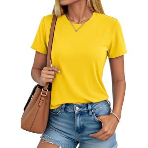 imageMAGCOMSEN Womens Short Sleeve T Shirts Cotton Summer UPF 50 Crew Neck Casual Tops Trendy Solid Color Basic TeesYellow