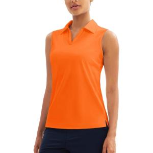 imageMAGCOMSEN Womens Sleeveless Golf Polo Shirts Collared Tank Tops UPF 50 VNeck Quick Dry Workout Athletic Tennis TopsFlorange